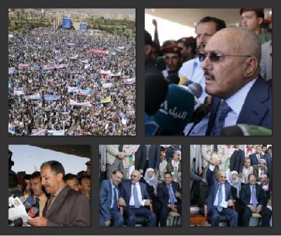 Almotamar Net - Sanaa  More than one million of people attended the Mass rally on Wednesday , here, in Al-ssbeen Square , Sanaa ,  the capital city of Yemen. This occasion comes as 1st anniversary for peaceful transfer of power democratically from former president Ali Abdullah Saleh  to the current president of the Republic  Abdu Rabbu Mansour  Hadi on  27. February. 2012. according to GCC initiative and its operational mechanism

In this occasion  both the General Peoples Congress (GPC) and the National Democratic Alliance Parties deliverd  words highlighting the national role of both (GPC) and (NDAP ) played during the crisis take place in Yemen .

In his part, the GPCS Leader deliverd aspect for this occasions  renewed the GPCs support for president Hadi to do all efforts to save the country from  sabotages who try to push the country into civil war 
